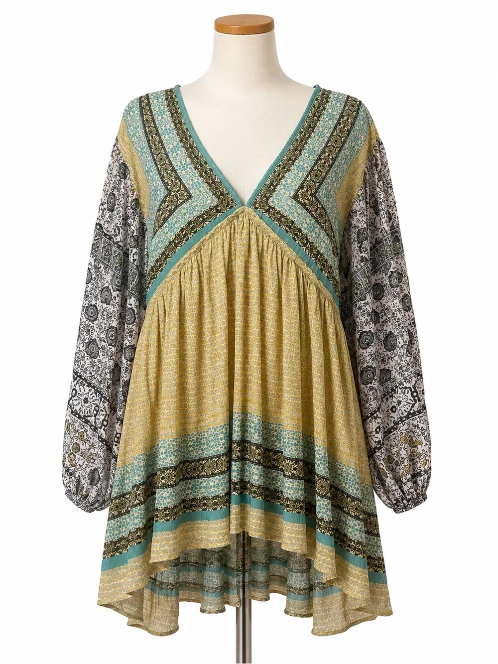 Free People Boho V-Neck Tunic in Mustard, Sage and Brown